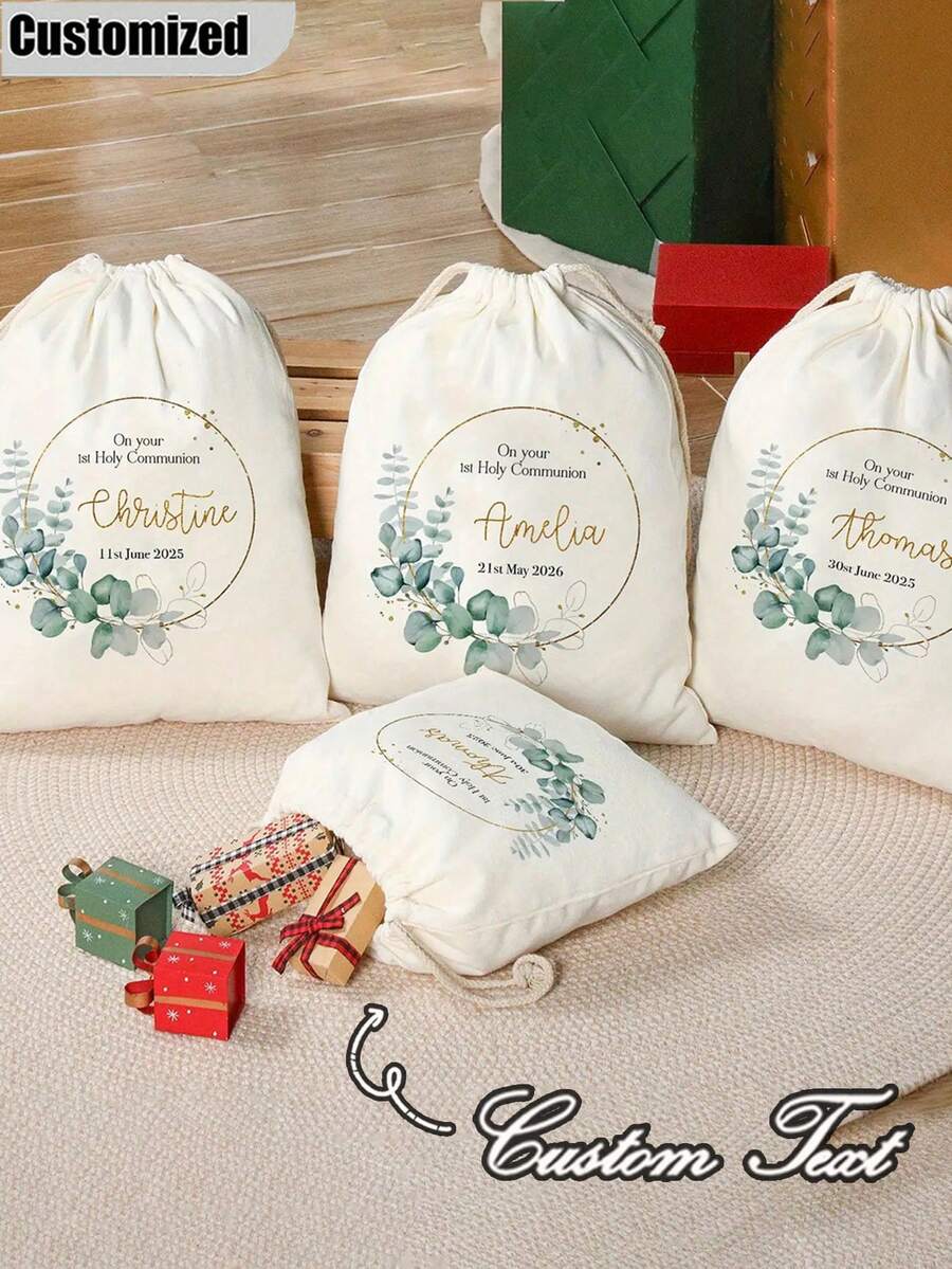Customizable Name Printed Religious Style Storage Bag, With Watercolor Floral Pattern And Gold Accents, Jewelry Storage Bag, Suitable For Religious Celebrations And Communion Party Gifts - Multicolor - View 1