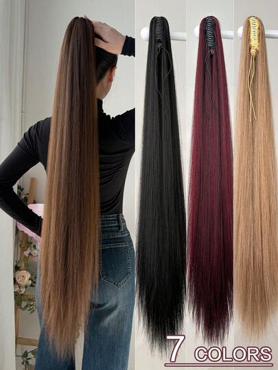 HEYPINK 38-นิ้ว หางม้าสังเคราะห์แบบตรงยาวพิเศษ, สีน้ำตาลออมเบรถึงดำเบอร์กันดี, กิ๊บหนีบหางม้าสำหรับผู้หญิงสำหรับงานปาร์ตี้และใช้ในชีวิตประจำวัน