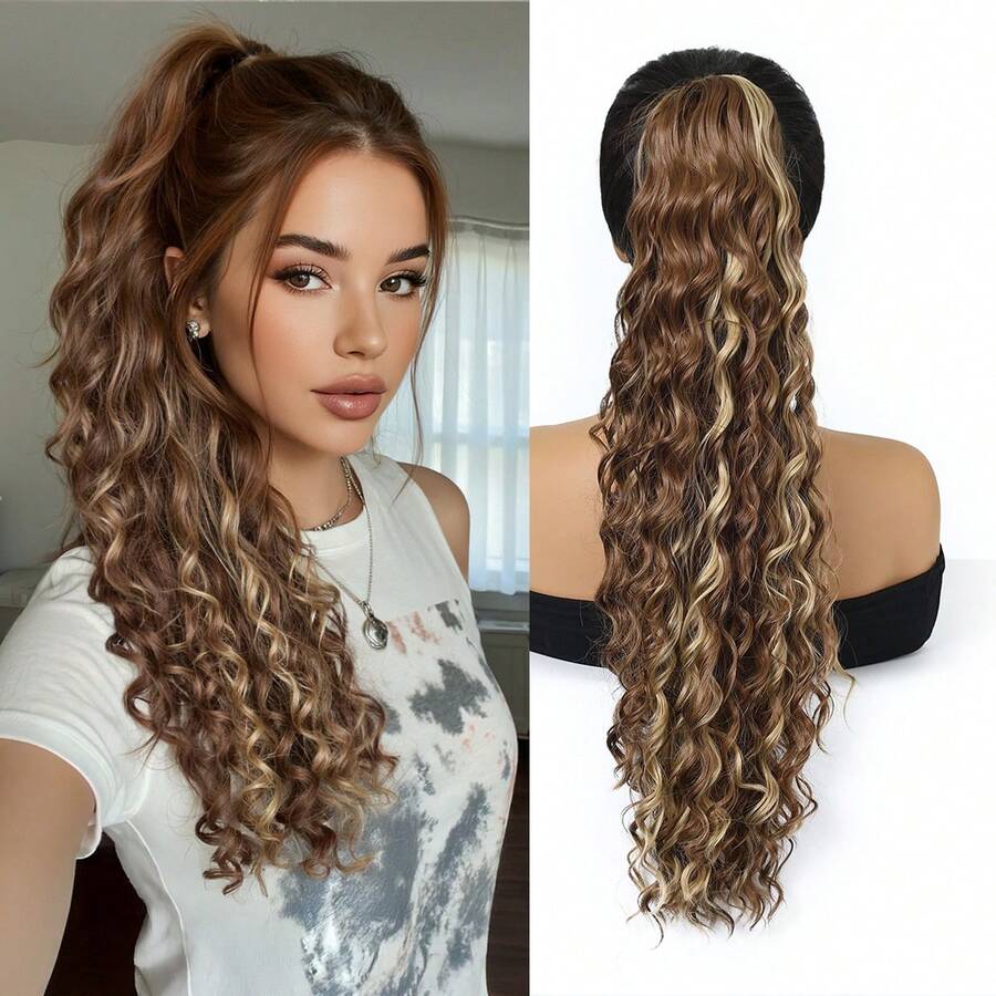 24-Inch Long Wavy Claw Clip Ponytail Wig For Women, Naturally Voluminous High-Tied Long Curly Hair, New Natural Fashionable Ponytail That Appears Fuller, Available In Multiple Colors, High-Temperature Fiber Resistant To Frizz, Suitable For Daily Wear - Multicolor - View 1