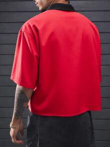 Men's Street Style Casual Shirt, Fashion Letter Print Contrast Collar Short Sleeve Button-Up Shirt, Loose Fit Unisex Couple Red Shirt, Suitable For Summer Wear, Weekend Dates, Beach Vacations, Parties, Cruises, Anniversary Celebrations, Perfect Gift For Boyfriend, Son, Mother's Day - Red - View 2