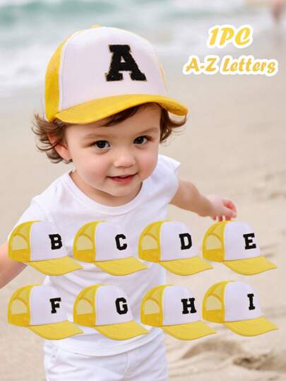 1顶儿童26字母印花网眼帽，黄色帽子，男女通用棒球遮阳帽，适合户外活动和日常佩戴，防晒