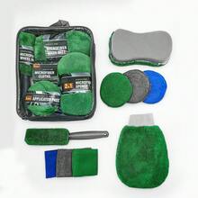 9pcs Car Cleaning & Detailing Kit - Microfiber Cloths, Glass Cloth, Washing Mitt, Waxing Sponge, Wheel Brush - Green 9-piece Set - Oxford Cloth Version - View 1