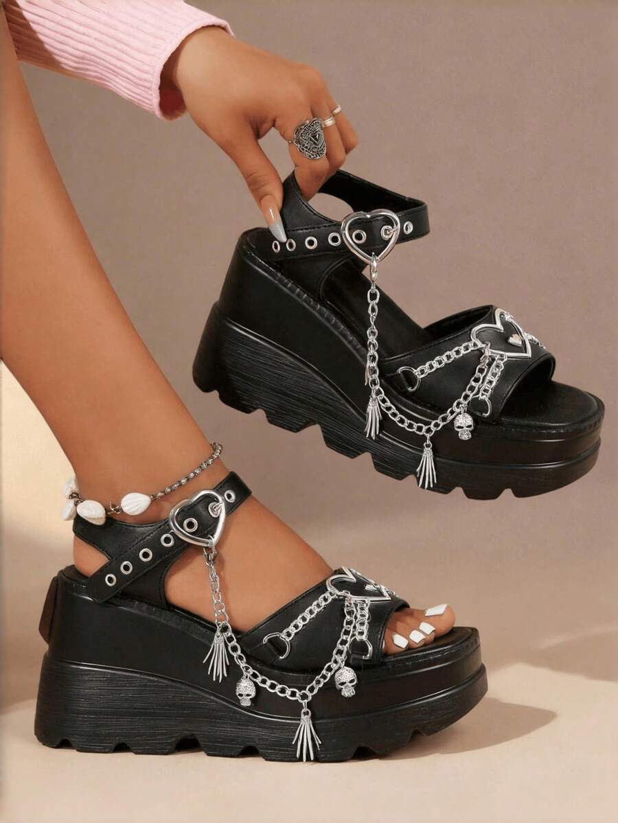 New Black Summer Slope Heel Shoes For Woman Thick Bottom Women's Punk Fashion Sandals For Women Casual Slippers Comfortable Shoes Women's Gothic Style Cross Chain Detail Platform Sandals Summer Shoes - 黑色 - 查看 1