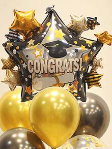 9 piezas de globos con tema de graduación, globos de foil grandes en forma de estrella para graduación, globos de látex dorados y negros para decoración de graduación - Multicolor - Ver 3