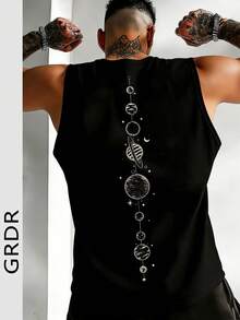 GRDR 男士极简印花休闲宽松圆领背心，百搭夏季街头服饰 - 黑色 - 查看 5