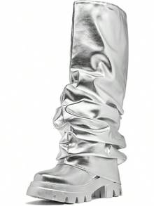 Women's Platform Round Toe Mid Calf Boots With Chunky Heel - Silver - View 12