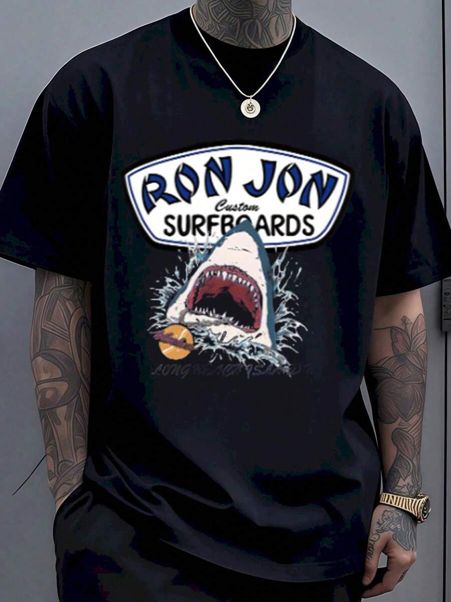 Ron Jon Custom Surfboards Shark T-Shirt Men Black Graphic Tee Summer Beach Wear Surfing Theme Casual Top - màu đen - Xem 1