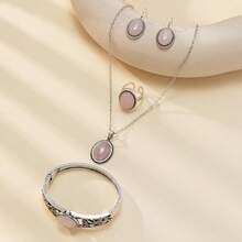 European And American Bohemian 4-Piece Set: Vintage Fashion Personalized Geometric Tiger Eye Stone Zinc Alloy Necklace, Earrings, Ring, Bracelet, Suitable For Autumn/Winter Outfits, Daily Wear, Holidays, Etc. - Baby Pink - View 4