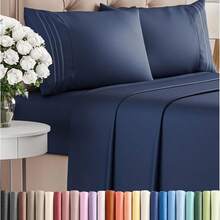 4Pcs Brushed Microfiber Embroidered Sheet Set, 16" Deep Pocket, Wrinkle & Shrink Resistant, Ultra Soft Multi Size Twin/Full/Queen/King, Home Hotel Travel Graduation - màu xanh hải quân - Xem 9