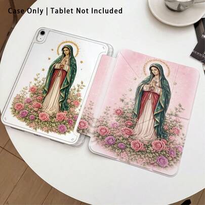 1pc Acrylic Crystal Tablet Case With Painted Virgin Mary Surrounded By Pink Roses, With Stand, Compatible With Samsung A9/A9+/S9/S9FE/A11/A11+/S11/S10 FE/S10 FE+/S10 Lite, A16 2025, Air 11/13, M3 2025, Mini 7 A17, Pro 2024, Air 11/13, M2 2024, Pro 11/13, M4 2024, Pro 12.9, 7/8/9 Gen, 10.2, 10th Gen, 10.9, Air 4/5/6/7/8, 10.9, Pro 11, 4/5/6 Gen, Mini 6, Se 11, Honor, Matepad Se 11,