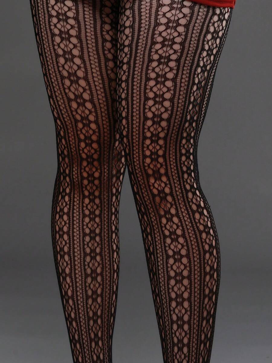 1件装加大码提花渔网袜，镂空花卉图案打底裤，性感竖条纹渔网紧身裤，适合派对、居家、办公、万圣节Y2K哥特风长袜、开学季连裤袜 - 黑色 - 查看 1