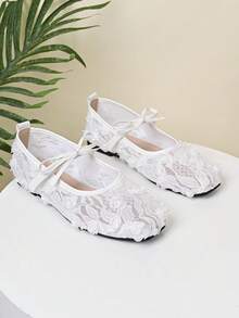 大码女式宽楦平底芭蕾鞋，蝴蝶结装饰，花卉刺绣透气镂空网面夏季凉鞋，方头宽楦玛丽珍鞋，适合户外、度假、派对搭配连衣裙 - 白色 - 查看 10