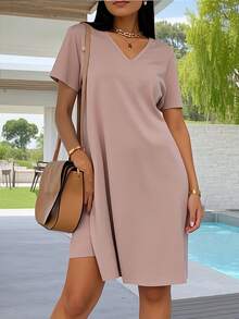 Women's Short Sleeved V-Neck Set, Solid Color Elastic Short Sleeved T-Shirt And Split Shorts 2-Piece Set, Suitable For Jogging, Yoga, Gym, Shopping - 棕色 - 查看 3