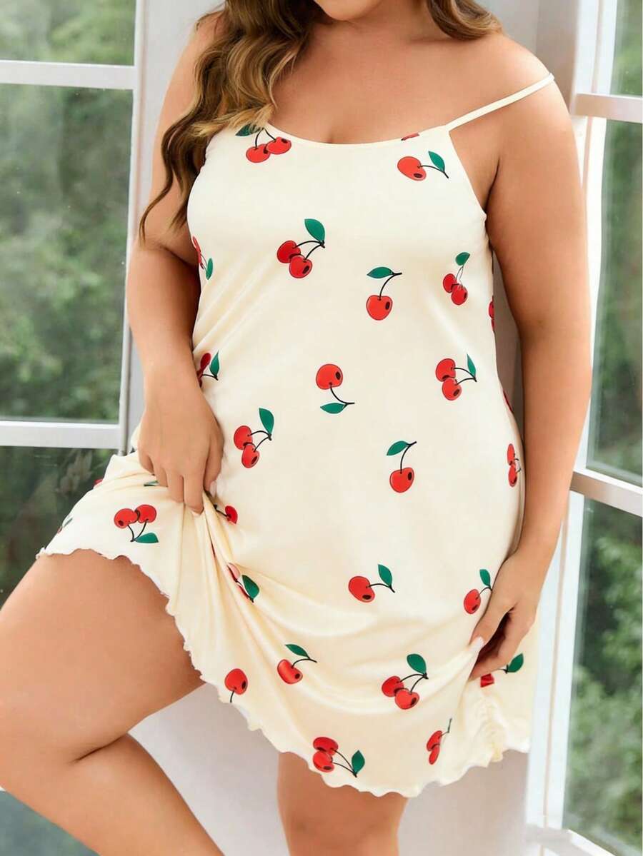 1 chiếc áo ngủ không tay cỡ lớn dành cho nữ, dễ thương và thanh lịch, in hình quả anh đào hoạt hình, viền bèo nhún, thích hợp mặc trong nhà và ngoài trời vào mùa xuân/hè. - Màu be - Xem 1