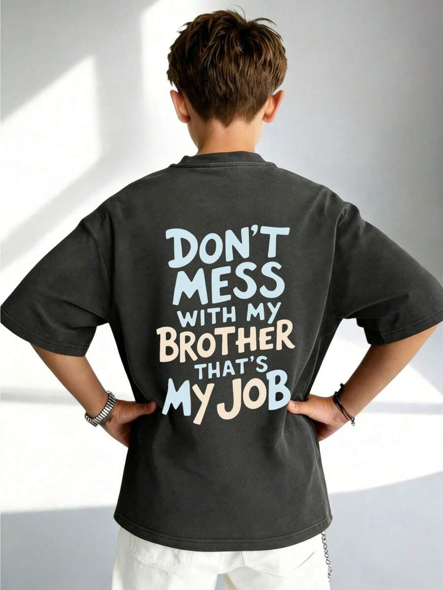 Teen Boy Casual Funny Print Crew Neck Short Sleeve T-Shirt, Summer Top - Dark Grey - View 1