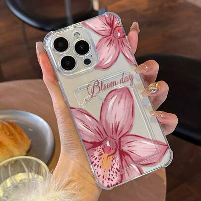 Suitable Compatible With Apple Phone Case Card Holder "Blooming Everyday" Pink Orchid UV Printed Phone Case, Fit For IPhone XR/11/12/13/14/15 Plus, 16 Pro Max, 17 Air Series, Suitable For Valentine's Day Gift