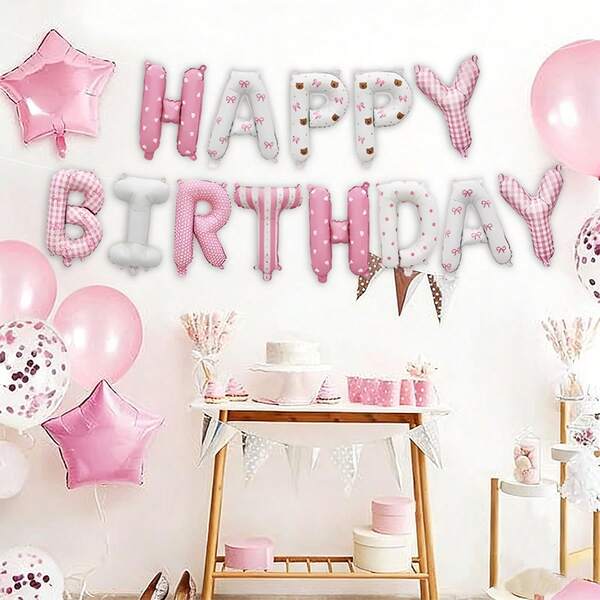 13pcs Pink & White Happy Birthday Balloon Set, Includes 16-Inch Happy Birthday Letter Foil Balloon, Suitable For Birthday Party, Happy Birthday English Letter Decoration, Home Party Scene Decor, Happy Birthday, Birthday Decoration Party Supplies, Photo Booth
