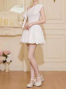 One Shoulder Tie Strap Bubble Hem Mini Dress White Party Dress, Summer Vacation Graduation Birthday Outfits - White - View 5