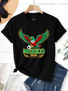 World Cup Football Mexican Print Men's Short-Sleeved T-Shirt, Street Style Print Design, Fashionable And  Summer Top, Stylish And Simple, Comfortable Crew Neck Top For Men And Women, Perfect As A Birthday Gift Or World Cup Gift. - 黑色 - 查看 2