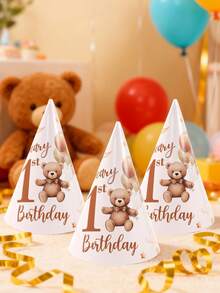 6入泰迪熊1歲生日派對紙帽，1歲生日派對帽，泰迪熊主題生日派對裝飾帽，生日派對拍照道具，泰迪熊派對裝飾，1歲生日派對用品，泰迪熊主題1歲生日派對配件，DIY休閒手工紙帽，1歲生日裝飾，生日禮物，派對小禮物 - 1歲小熊 - 查看 4