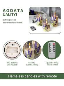 3支装薰衣草无焰蜡烛灯，带定时遥控器，紫色薰衣草LED电池供电真蜡闪烁柱形蜡烛，3件套逼真火焰，适用于家居、卧室、婚礼、订婚、圣诞节、万圣节、母亲节、礼品、公司聚会等场合。 - 薰衣草-暖光 - 查看 11