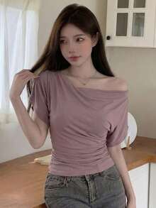 Áo kiểu nữ Y6Y màu tím trơn, dáng rộng, bất đối xứng, thích hợp mặc mùa hè. - Màu tím - Xem 4