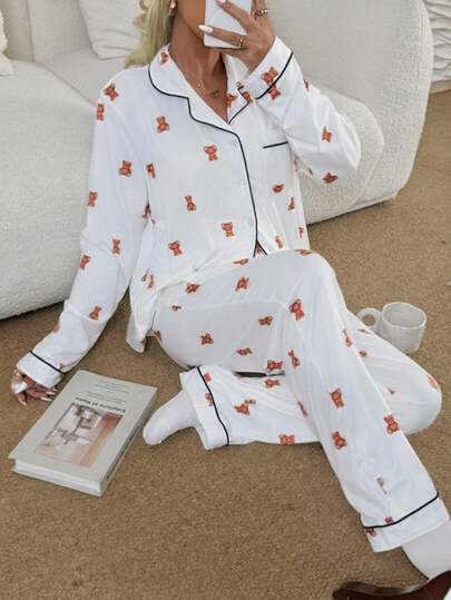 Nina Bonheur 2pcs Women Notched Collar Long Sleeve Pajama Set - Comfortable Casual Sleepwear & Loungewear