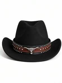 1 pièce Chapeau de cowboy vintage occidental, orné d'une ceinture à trois rangées de clous en forme de taureau, un accessoire élégant pour la rentrée scolaire, convenant pour le port décontracté quotidien, les fêtes de cowboy occidental, les voyages de vacances et autres occasions, été, plage, festival - Chapeau de cowboy à trois rangées de rivets - Voir 5