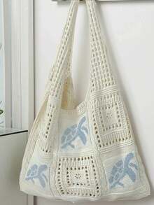 Crochet Knitted Sea Turtle Pattern Tote Bag, Large Capacity Hollow Design Women's Handbag, Shoulder Bag - White - View 6