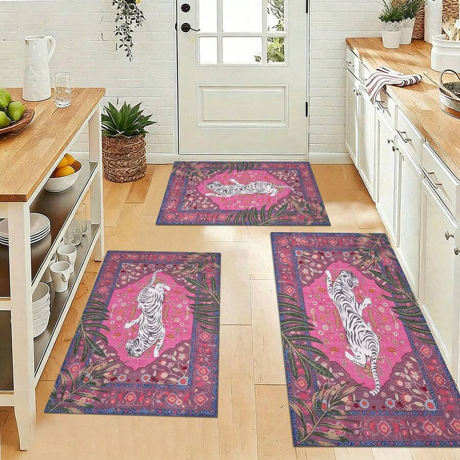 3 Piece Pink White Tiger Print Area Rug Set, Bohemian Tropical Floor Mat, Non-Slip Washable Carpet For Entryway Kitchen Home Decor,Non-Slip, Absorbent, Washable Polyester ,Kitchen And Laundry Area, Laundry Room | Decorative Floor | Absorbent, Laundry Room Decor,Suitable For Bathroom, Shower, Laundry Room, Bedroom, Living Room, Door Mat, Kitchen Mat - Nhiều màu - Xem 1