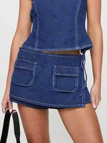 GILIPUR Y2K 女士内置短裤系带牛仔裙，时尚休闲复古水洗，街头风 - 藍色 - 查看 7