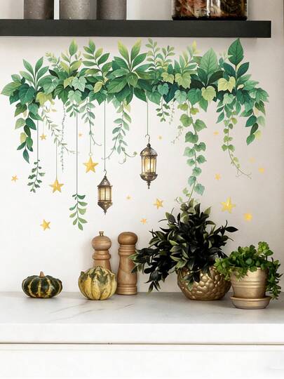 Väggdekor med hängande lampa, färsk grön växt, vinranka, för sovrum, vardagsrum, kök, heminredning, dekorativ klistermärke för att framhäva den gröna naturen.