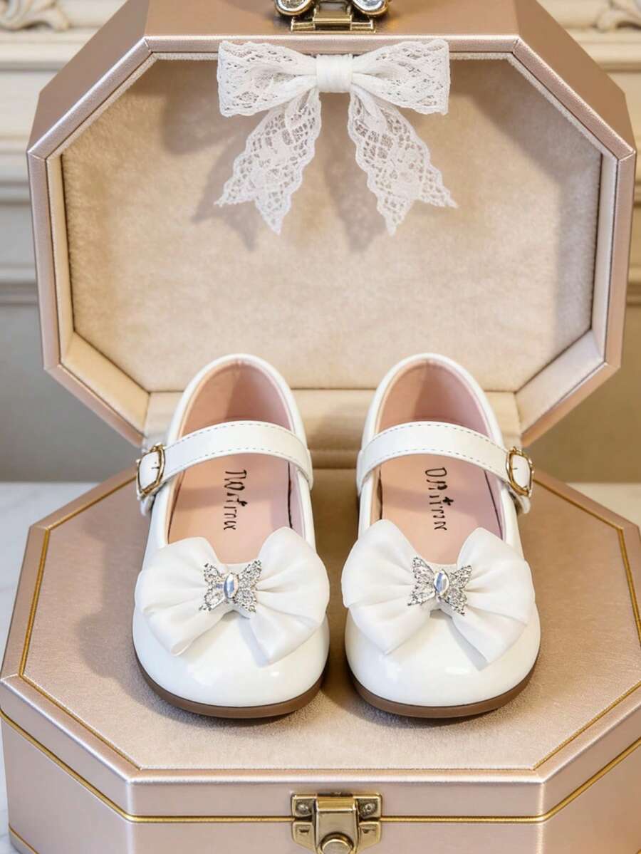 1 Par de Sapatos de Couro Tipo Mary Jane com Laço Brilhante para Meninas, Sapatos de Princesa de Couro Envernizado, Sola Macia Antiderrapante, Versátil para Uso Diário e Apresentações - Branco - Visão 1