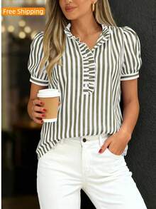 Puff Sleeve Striped Ruffle Blouse V Neck Button Front Summer Top Chic Casual Work Office Outfit For Women - Green - View 5