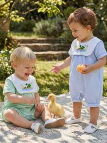 Baby Girl Summer Jumpsuit Short Sleeve Round Neck Duck Embroidery Stripe Romper For Outdoor Daily Wear - 綠色 - 查看 5