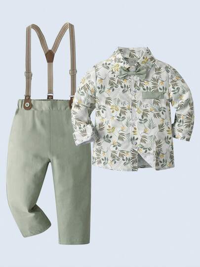 BOARNSEORL 2pcs Young Boys Gentleman Outfit - Long Sleeve Shirt With Bow Tie And Light Green Suspender Pants, Fashionable And Attire For Birthday Party, Holiday, Formal Events