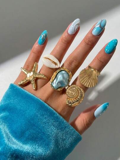 Set de 5 anillos vintage con diseño asimétrico de perlas falsas y estrellas de mar, con un toque de moda y estilo de vacaciones de verano