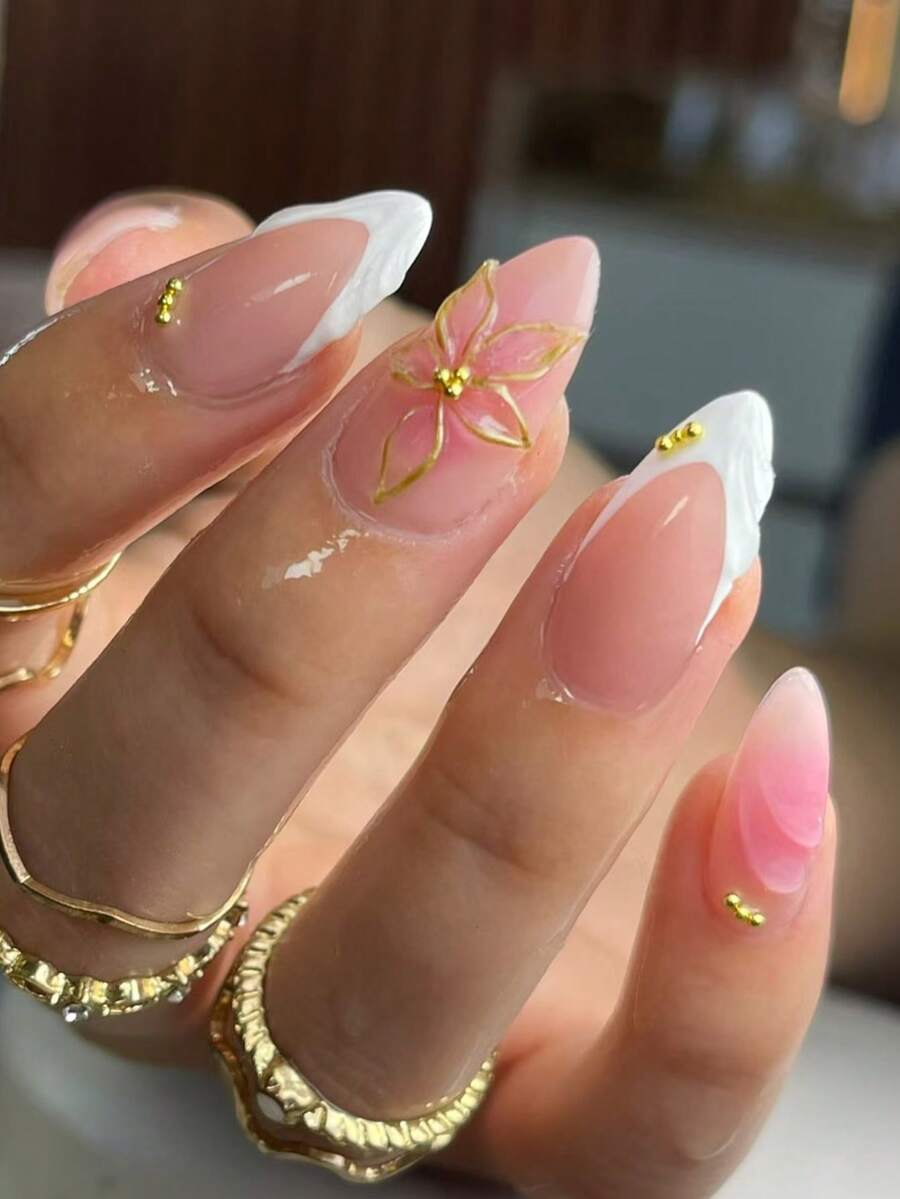 24片杏仁形3D凝胶美甲贴纸，花卉法式美甲图案，带珍珠装饰，适用于亚克力指甲，包含1瓶胶水和1个指甲锉，适合女性日常工作、节日和派对场合。 - 彩色 - 查看 1