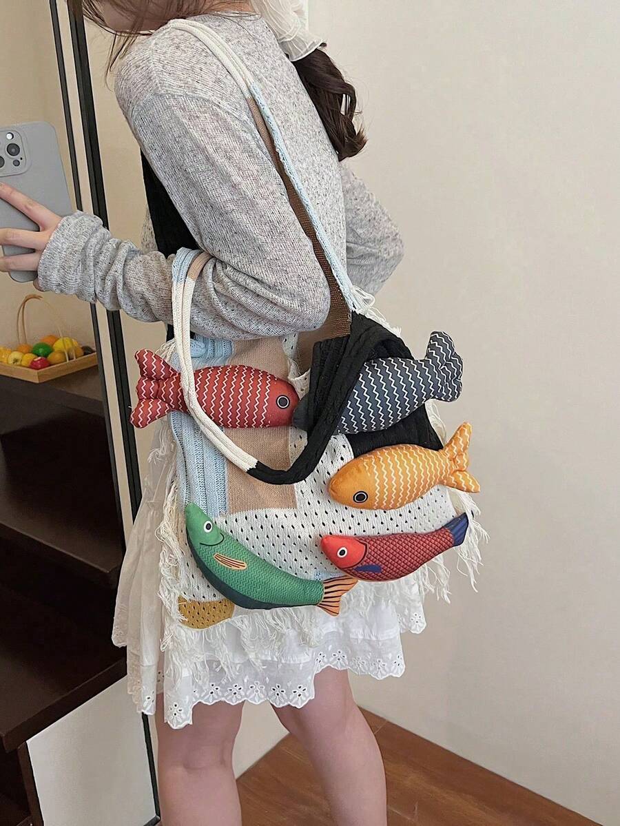 1 buah Tas Tote Bahu Kapasitas Besar Motif Ikan Colorblock, Tas Rajutan Modis, Gaya Bohemian untuk Liburan Pantai dan Penggunaan Sehari-hari untuk Wanita - Putih - View 1