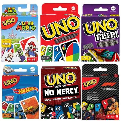 Mattel 1套UNO Flip！互动纸牌游戏 - 适合儿童和成人家庭聚会，包含可收藏的双面纸牌收纳铁盒，内含风火轮、F1等主题纸牌。
