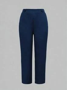 Pantalones elegantes y casuales de moda para mujer con bolsillos oblicuos y detalles de botones, adecuados para el trayecto de primavera - Azul Marino - Ver 2