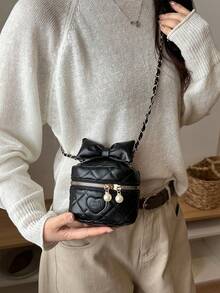 New Bowknot Embroidered Diamond-Pattern Boxy Chain Shoulder Crossbody Small Square Girl's Bag With Lipstick Texture - Black - View 2