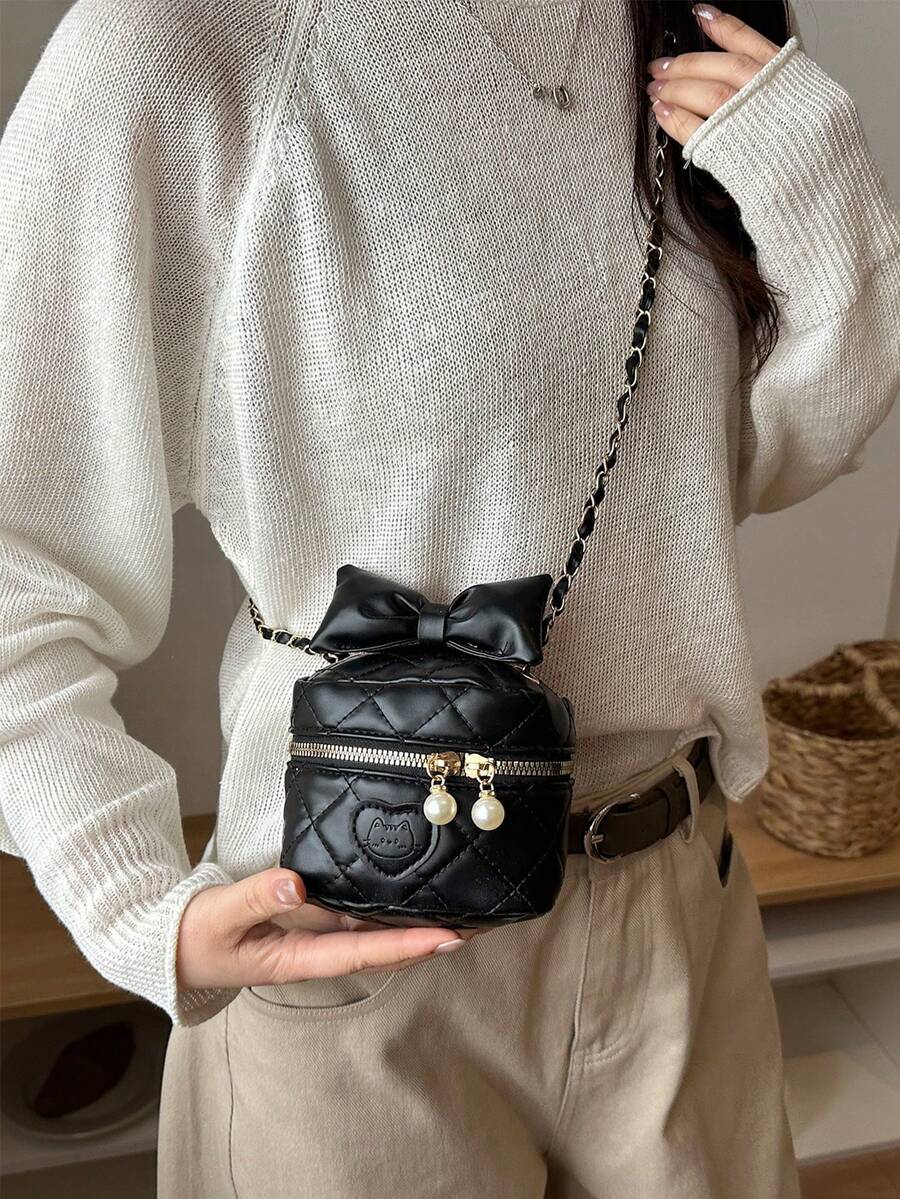 New Bowknot Embroidered Diamond-Pattern Boxy Chain Shoulder Crossbody Small Square Girl's Bag With Lipstick Texture