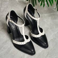 Colorblock Commuter PU Leather Geometric Pattern Women's High Heels, Suitable For Party & All Seasons - Black - View 13