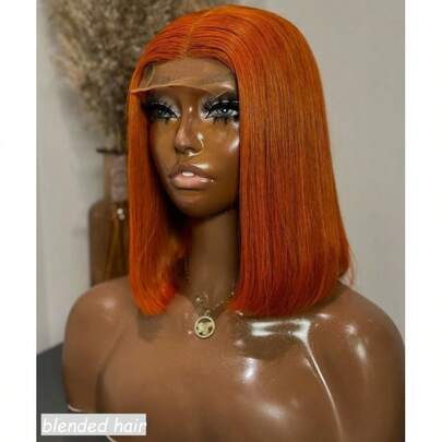 180% Density Glueless Short Straight Bob Wig Human Blended Hair Pre Plucked Natural Color Put On And Go Wigs Pre Cut Lace Straight Short Bob Lace Frontal Wigs For Women No Glue 13x4 Lace Front Wigs 12inch Ginger Orange 350