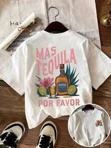 Women's Casual Round Neck T-Shirt, Letter Print, Margarita Glass, Tequila, Cocktail, Lemon, Flower, Tree Leaf Design, Lightweight, Stylish Sportswear For Spring/Summer. - White - View 4