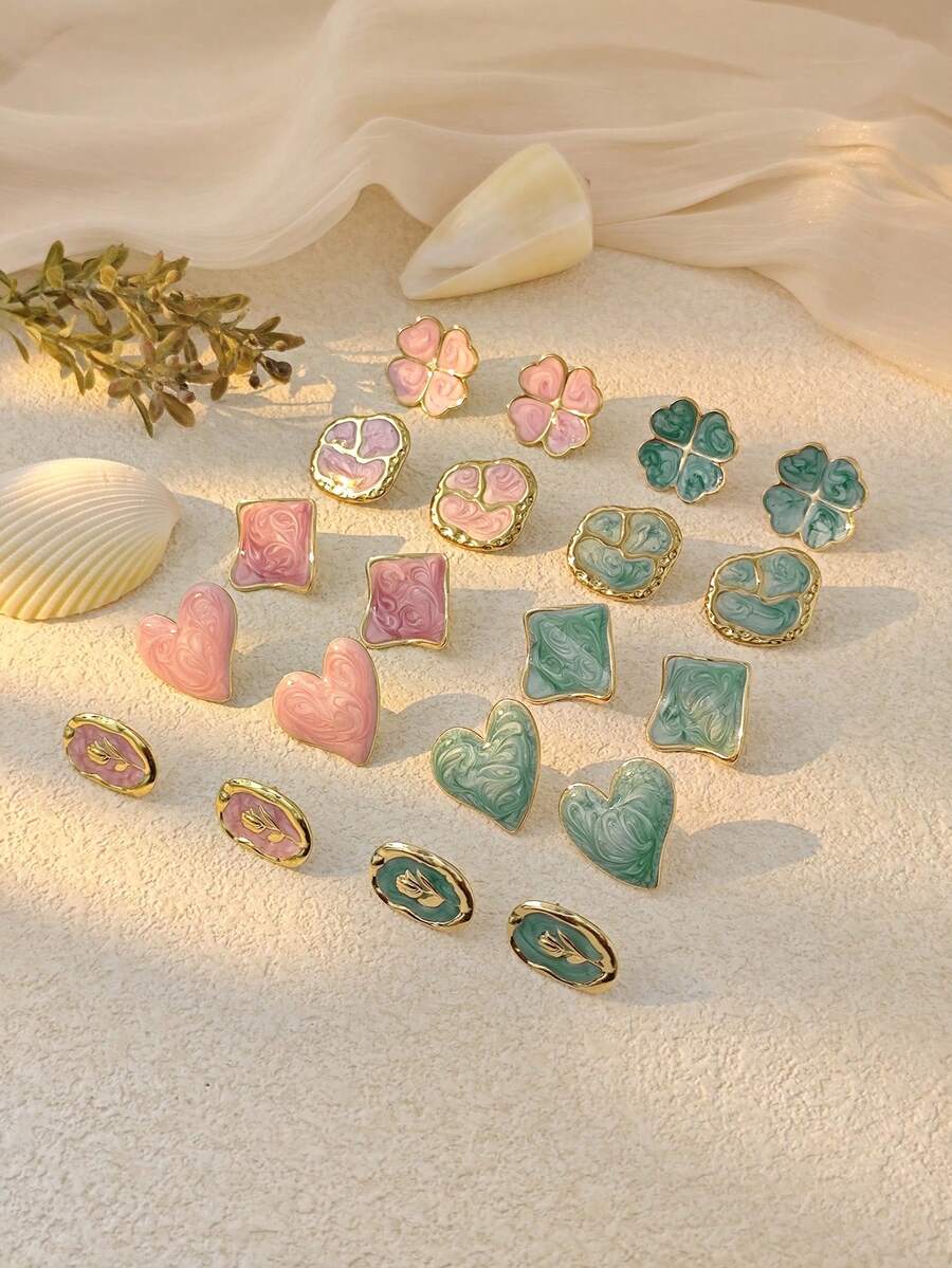 3 Pairs Random Combination Earrings, Stainless Steel Jewelry Showcasing Personalized - Rose Red, Green Floral Geometric Earring Set, Minimalist Square Earring Set, Heart Stud Earrings, Vintage Jewelry, Summer Beach Swimwear Accessories, Attractive Apparel Accessories, Wedding Dress Decorations - Multipurpose Jewelry Suitable For Swimming, Bathing, Exercising