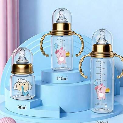 Bộ 3/2 bình sữa trẻ em bằng nhựa polypropylene bền chắc, chống rò rỉ, chống sặc, với thiết kế họa tiết động vật màu hồng và xanh dương trang nhã.
