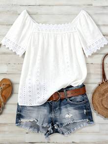 Plus Size White Contrast Lace Square Collar Regular Sleeve Blouse Summer - White - View 1