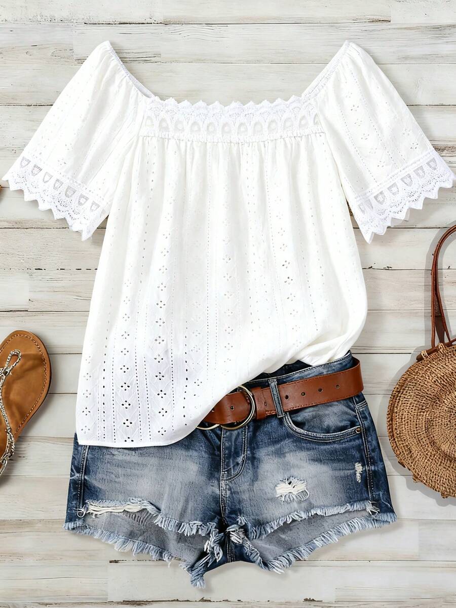 Plus Size White Contrast Lace Square Collar Regular Sleeve Blouse Summer - White - View 1